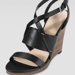 COLE HAAN Black Leather Wedge Sandals